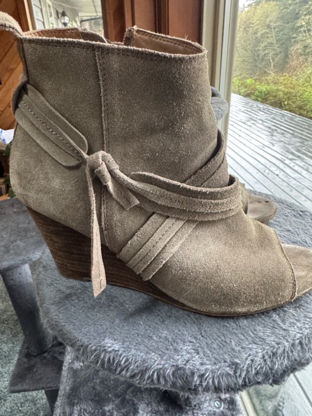 Diba Taupe Suede Peep-Toe Ankle Booties
